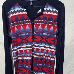 Ralph Lauren Chaps Denim Top Womens Red White Bue Aztec Southwestern Henley